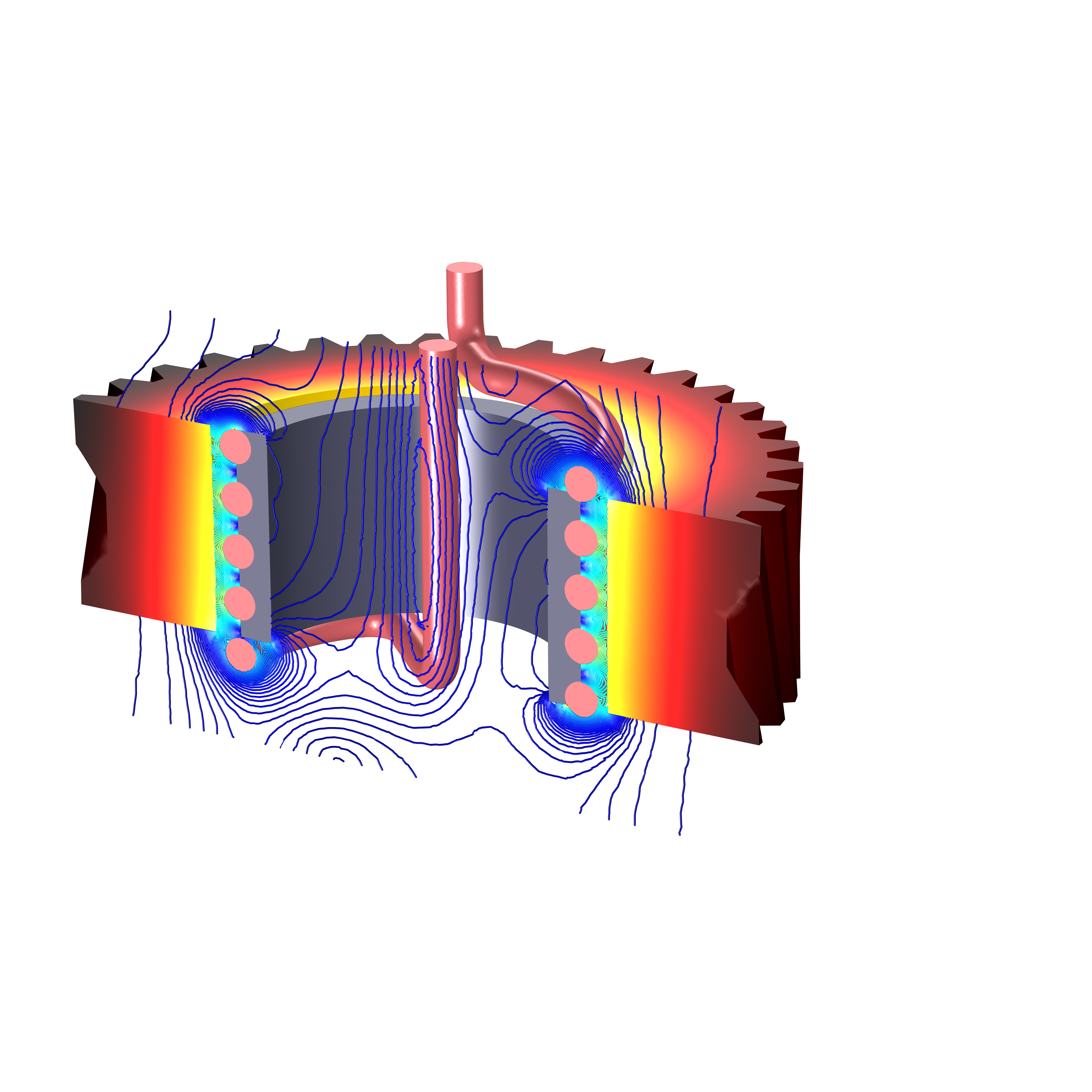 Induction heating Zahnrad Temperaturfeld & Magnetfeldlinien